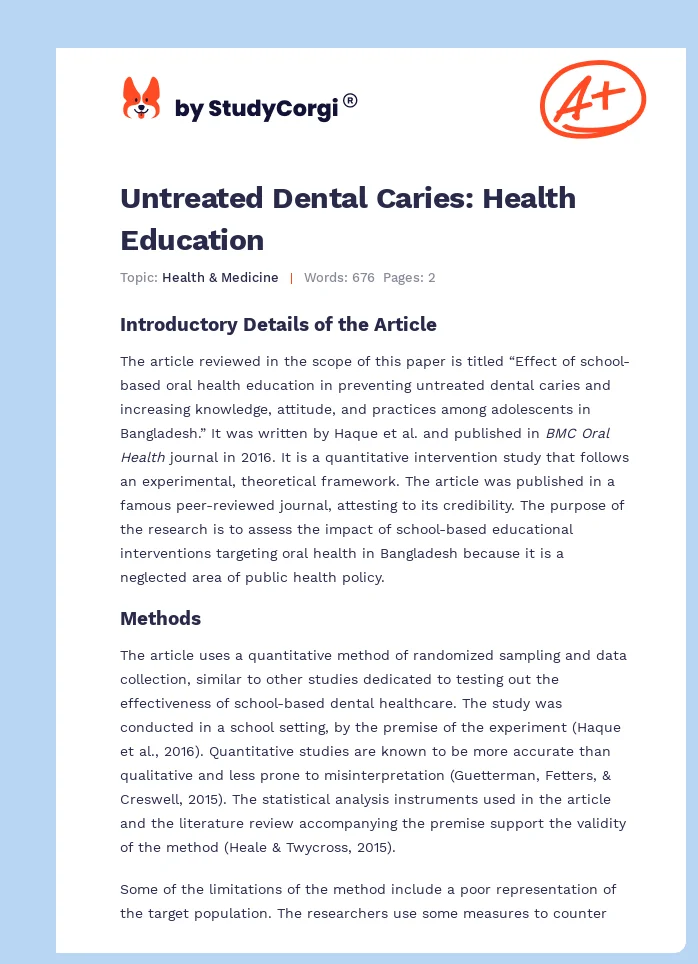 Untreated Dental Caries: Health Education. Page 1