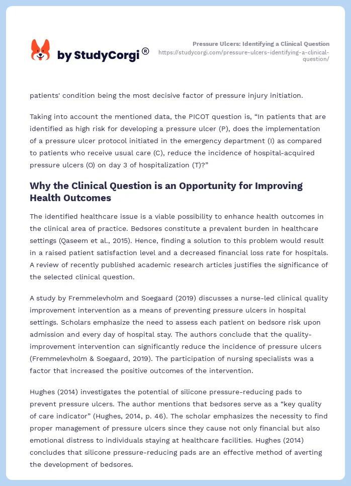 Pressure Ulcers: Identifying a Clinical Question. Page 2