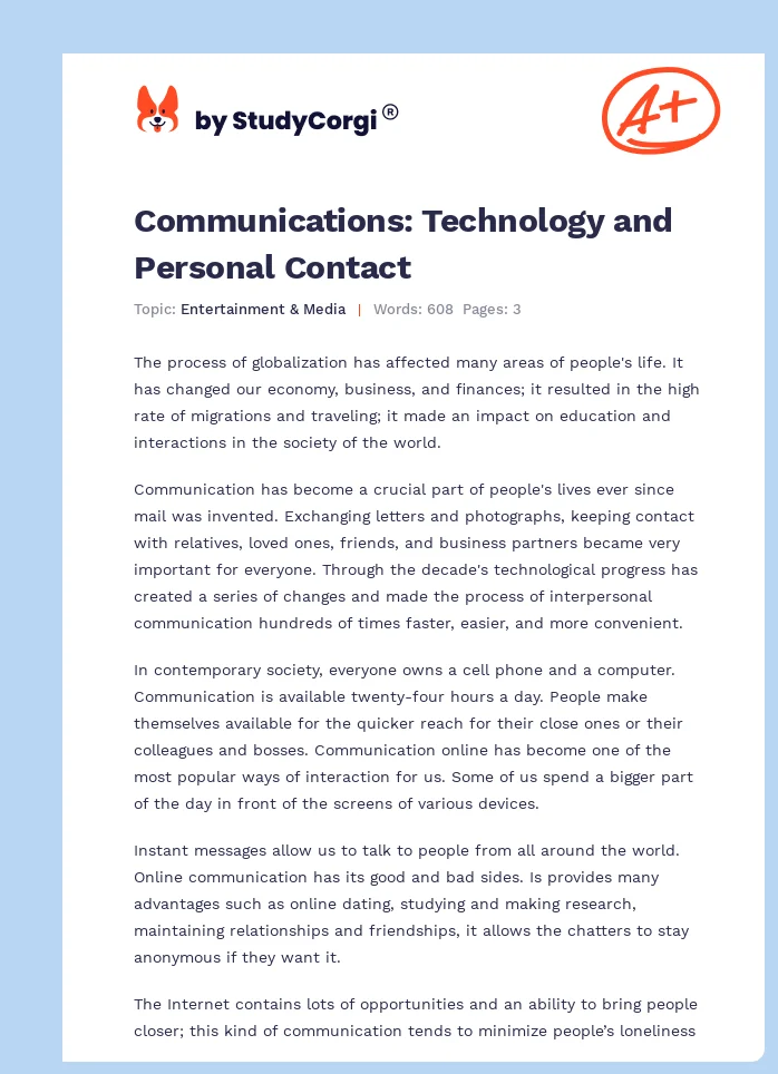 Communications: Technology and Personal Contact. Page 1