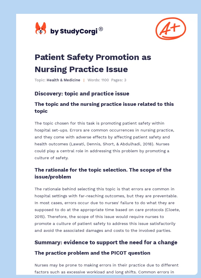 Patient Safety Promotion as Nursing Practice Issue. Page 1