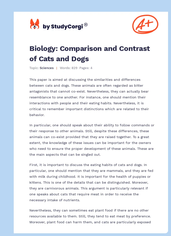 Biology: Comparison and Contrast of Cats and Dogs. Page 1