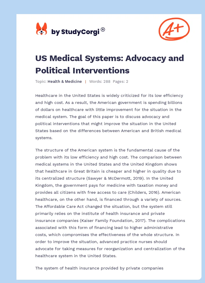 US Medical Systems: Advocacy and Political Interventions. Page 1