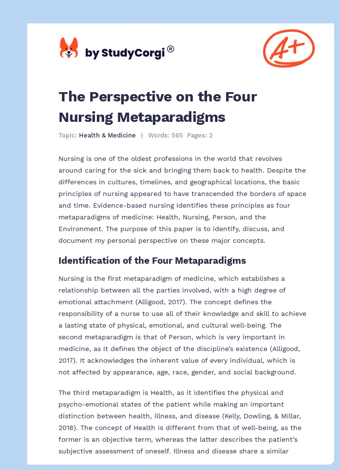 The Perspective on the Four Nursing Metaparadigms. Page 1