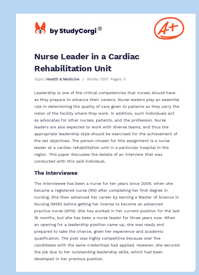 Nurse Leader in a Cardiac Rehabilitation Unit. Page 1