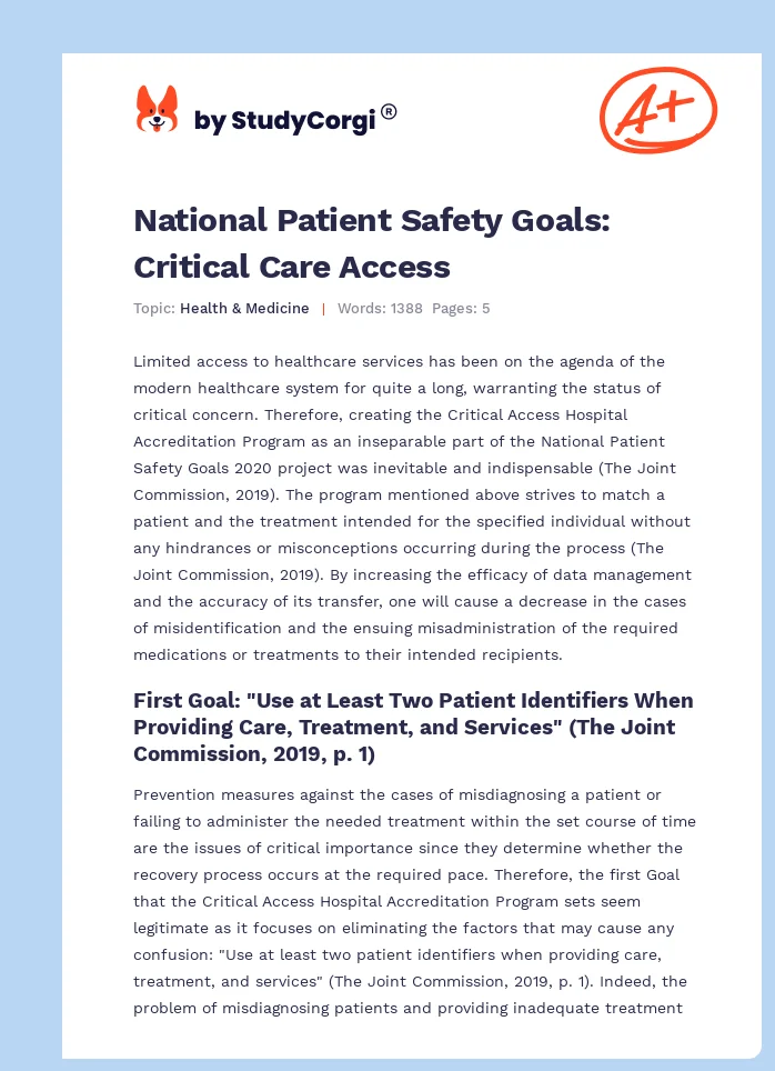 National Patient Safety Goals: Critical Care Access. Page 1