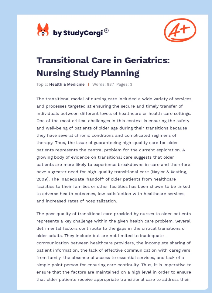 Transitional Care in Geriatrics: Nursing Study Planning. Page 1