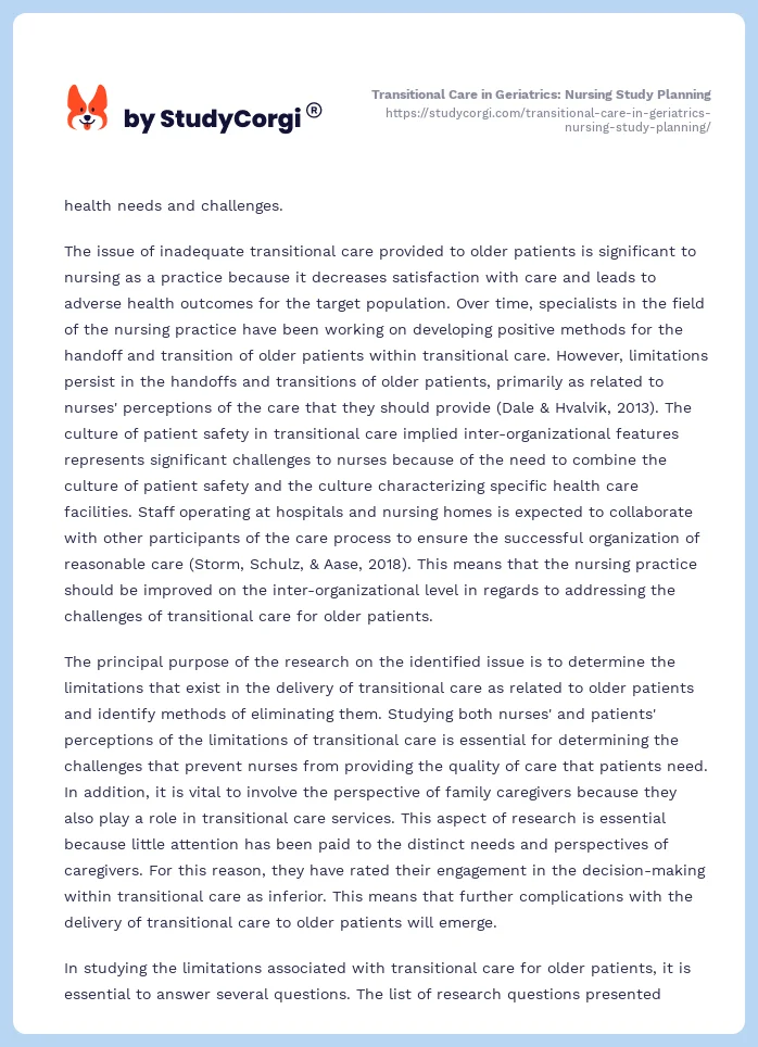 Transitional Care in Geriatrics: Nursing Study Planning. Page 2