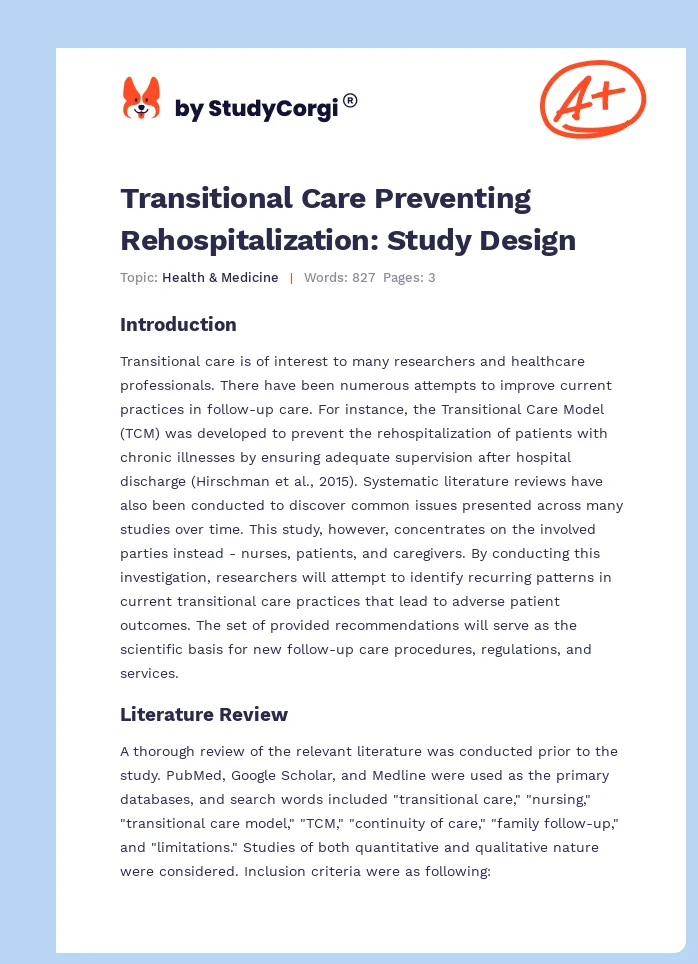 Transitional Care Preventing Rehospitalization: Study Design. Page 1