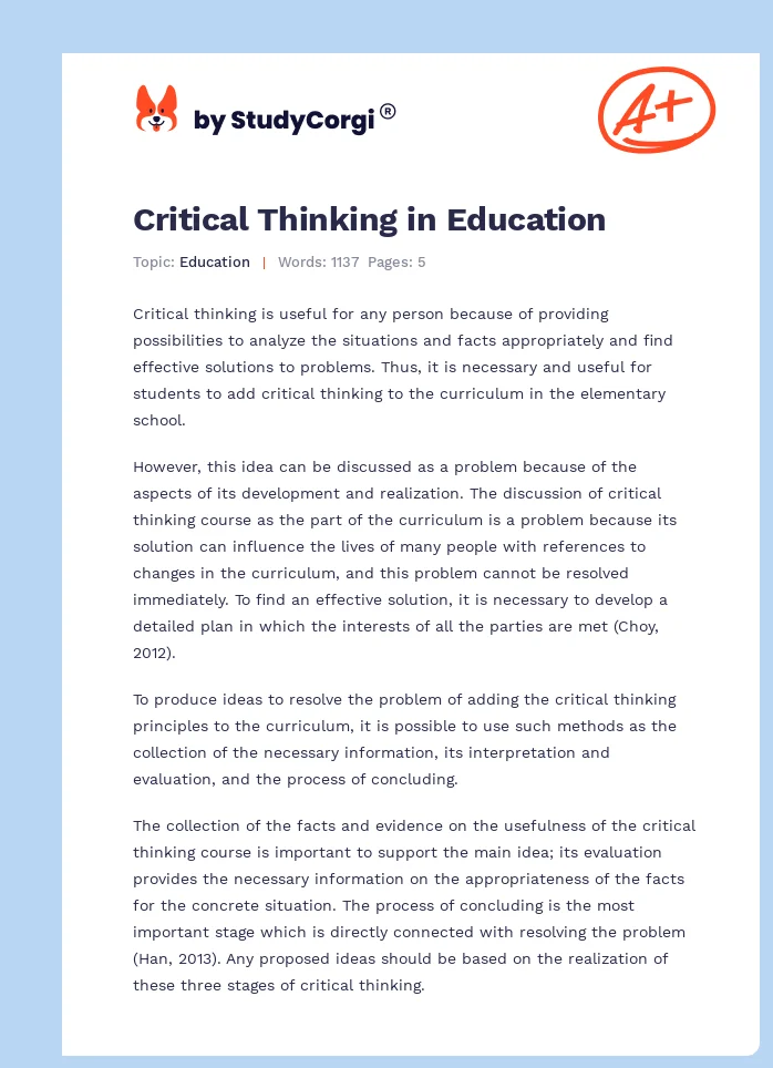 Critical Thinking in Education. Page 1