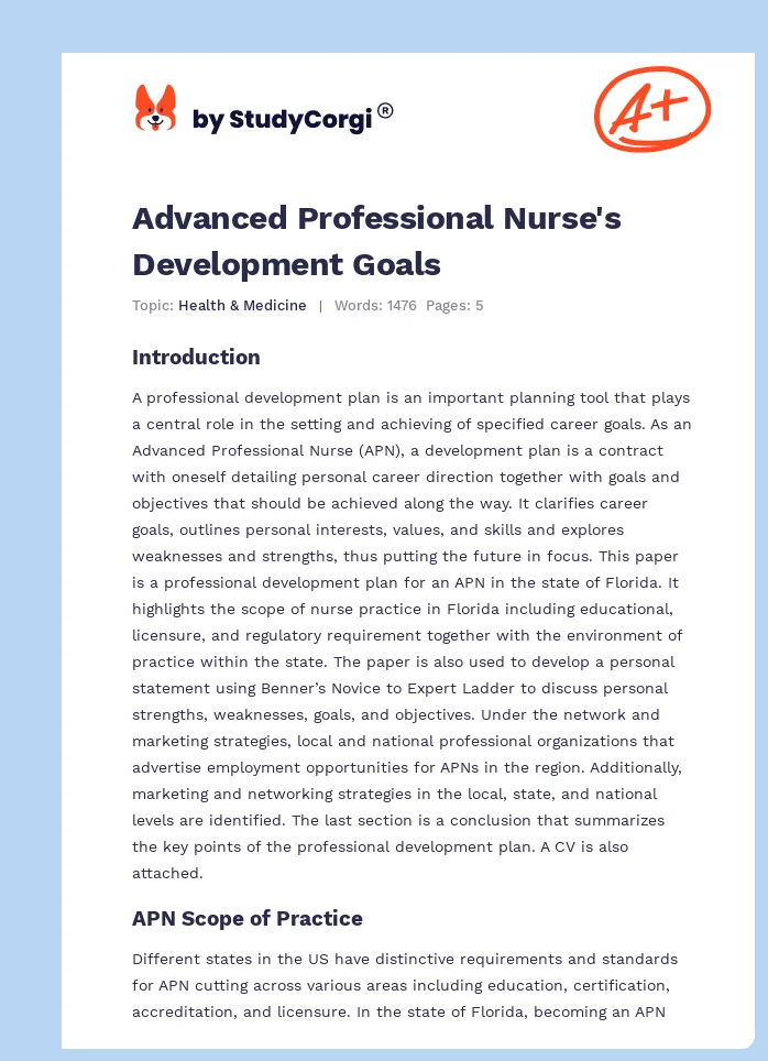 Advanced Professional Nurse's Development Goals. Page 1