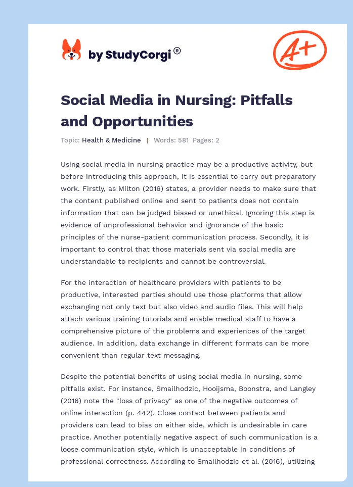 Social Media in Nursing: Pitfalls and Opportunities. Page 1