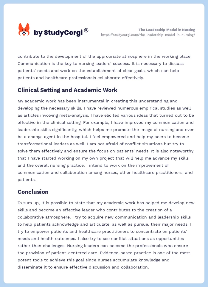 The Leadership Model in Nursing. Page 2