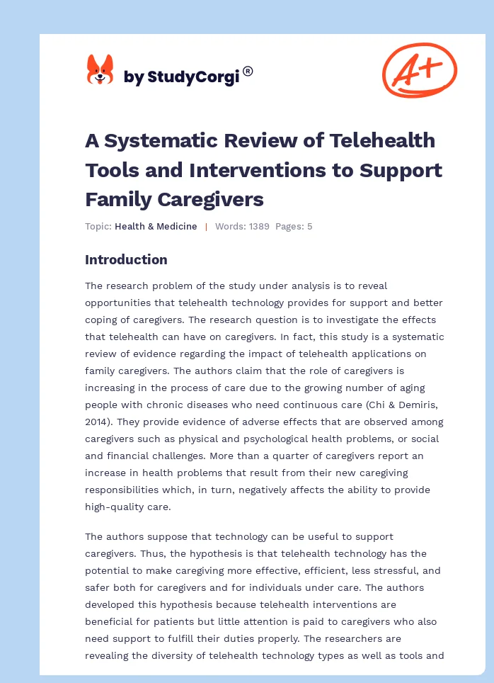 A Systematic Review of Telehealth Tools and Interventions to Support Family Caregivers. Page 1