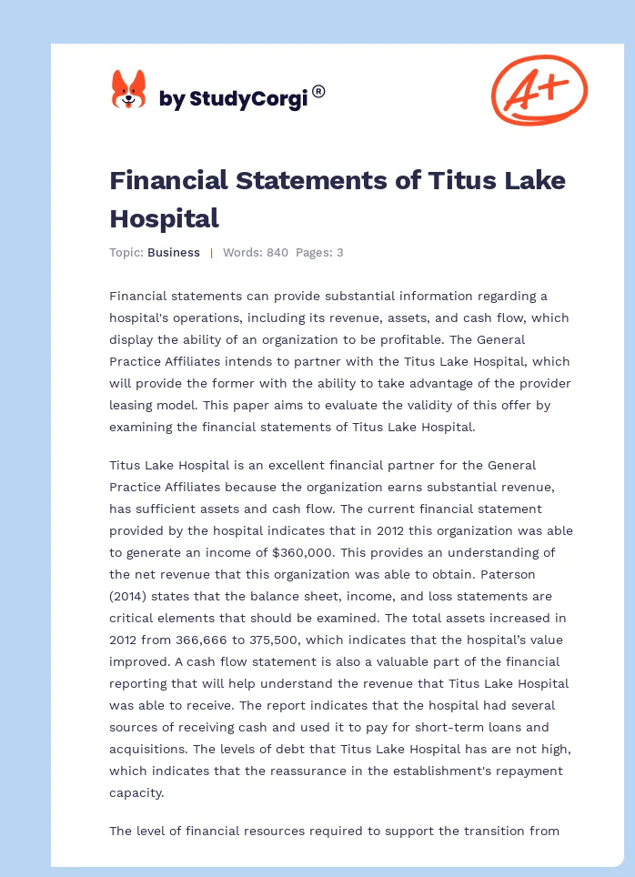 Financial Statements of Titus Lake Hospital. Page 1