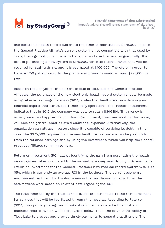 Financial Statements of Titus Lake Hospital. Page 2