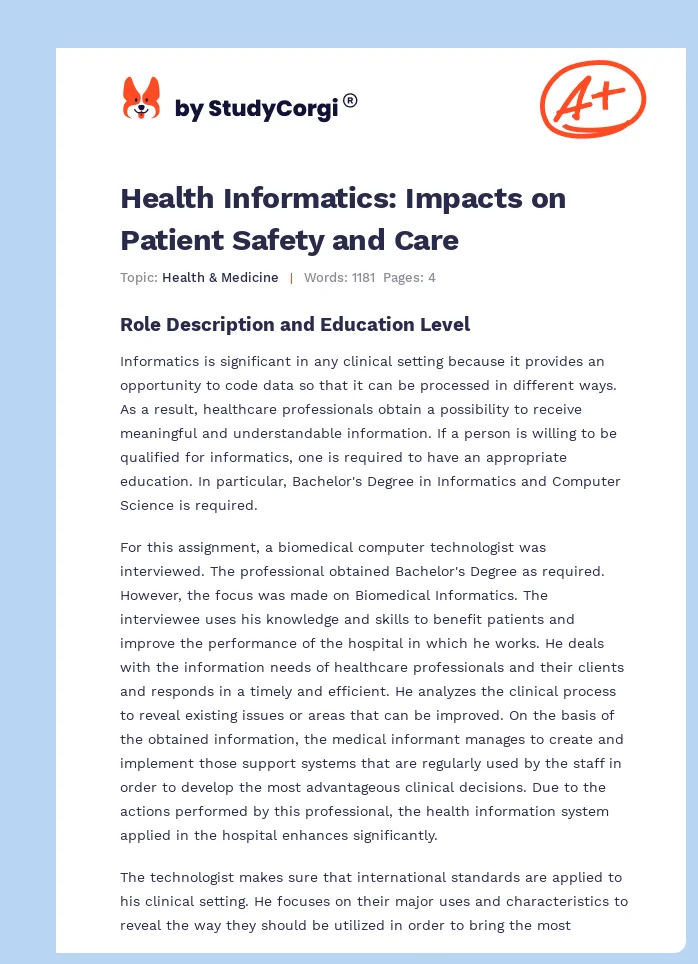 Health Informatics: Impacts on Patient Safety and Care. Page 1