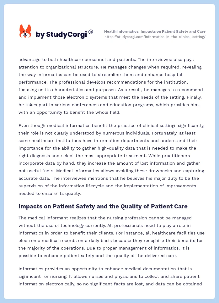 Health Informatics: Impacts on Patient Safety and Care. Page 2