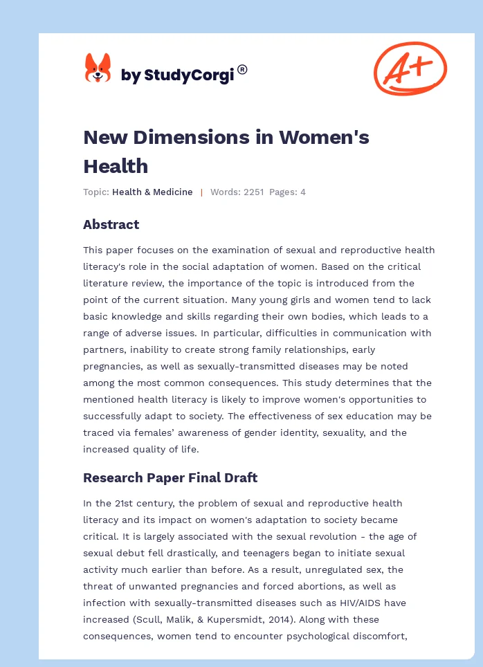 New Dimensions in Women's Health. Page 1