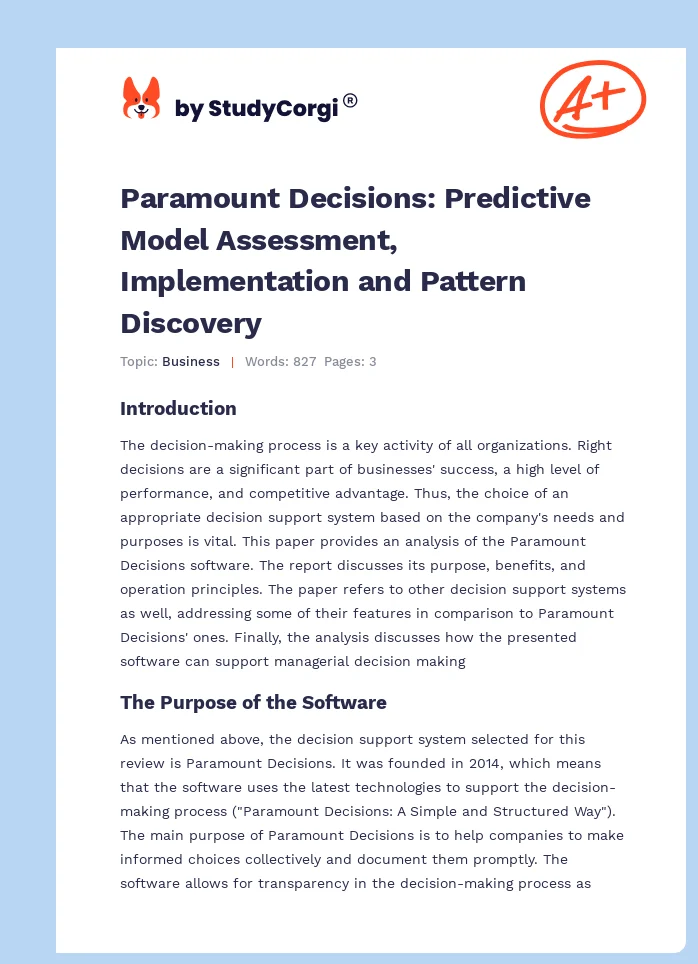 Paramount Decisions: Predictive Model Assessment, Implementation and Pattern Discovery. Page 1