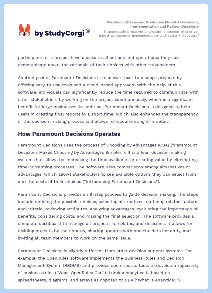 Paramount Decisions: Predictive Model Assessment, Implementation and Pattern Discovery. Page 2