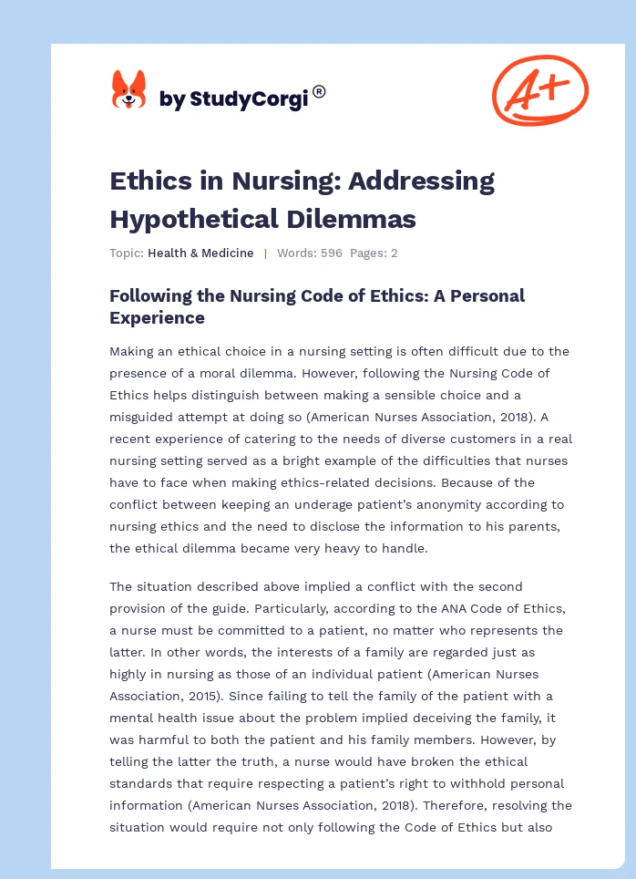 Ethics in Nursing: Addressing Hypothetical Dilemmas. Page 1