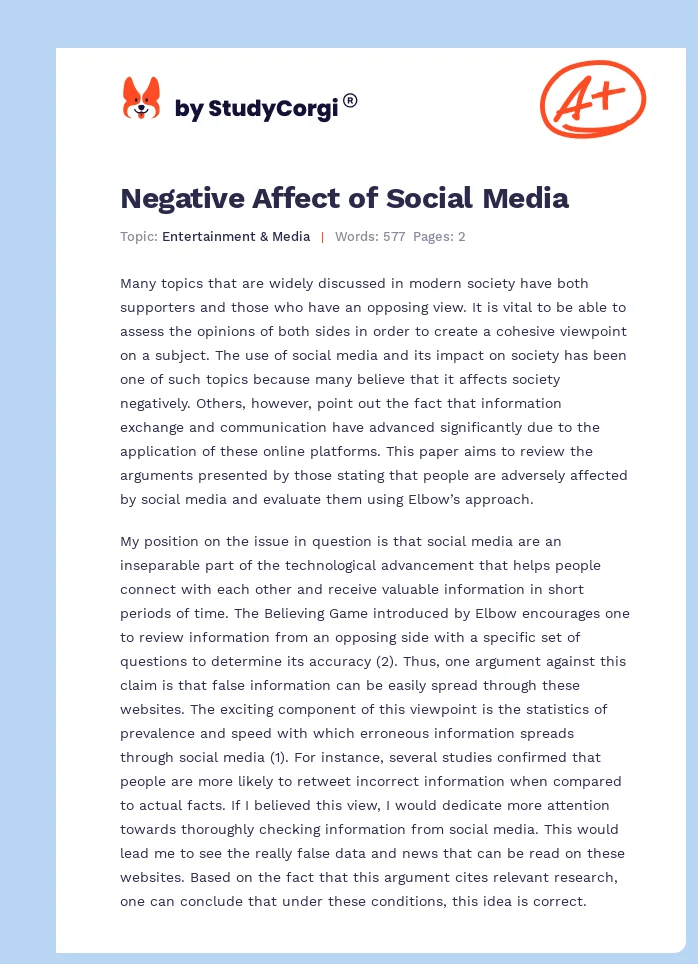 Negative Affect of Social Media. Page 1