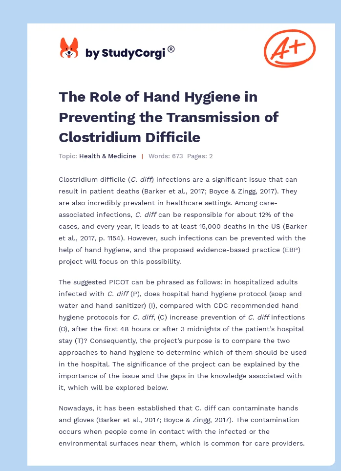 The Role of Hand Hygiene in Preventing the Transmission of Clostridium Difficile. Page 1