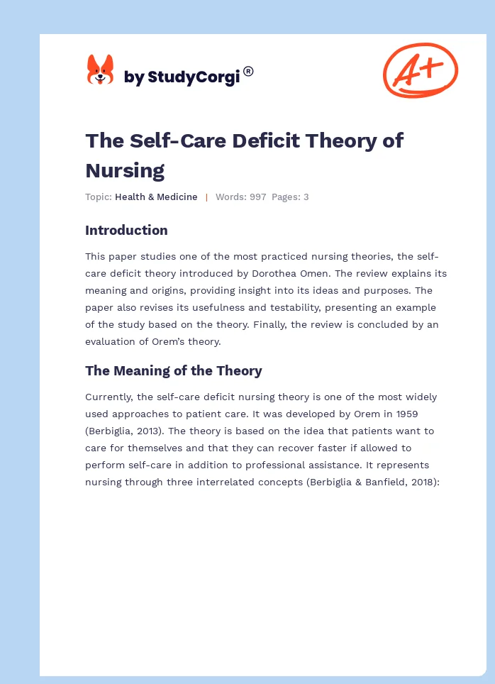 The Self-Care Deficit Theory of Nursing. Page 1