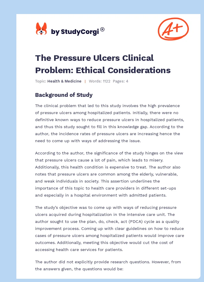 The Pressure Ulcers Clinical Problem: Ethical Considerations. Page 1