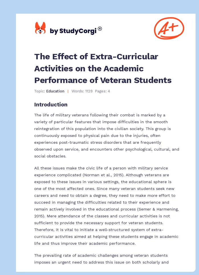 The Effect of Extra-Curricular Activities on the Academic Performance of Veteran Students. Page 1