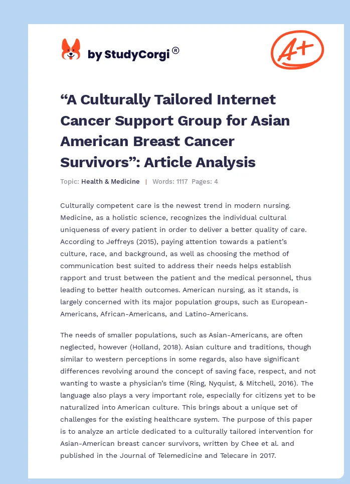 “A Culturally Tailored Internet Cancer Support Group for Asian American Breast Cancer Survivors”:  Article Analysis. Page 1