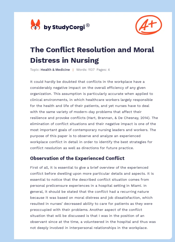 The Conflict Resolution and Moral Distress in Nursing. Page 1