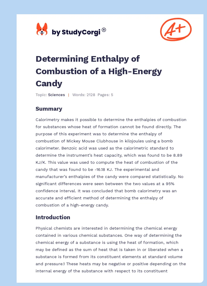 Determining Enthalpy of Combustion of a High-Energy Candy. Page 1