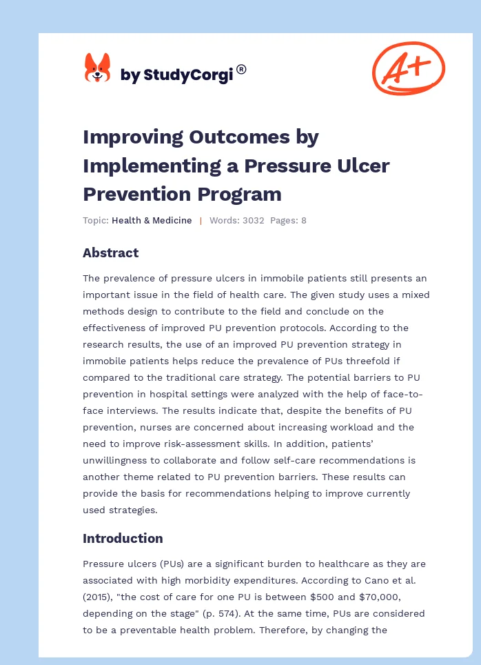 Improving Outcomes by Implementing a Pressure Ulcer Prevention Program. Page 1