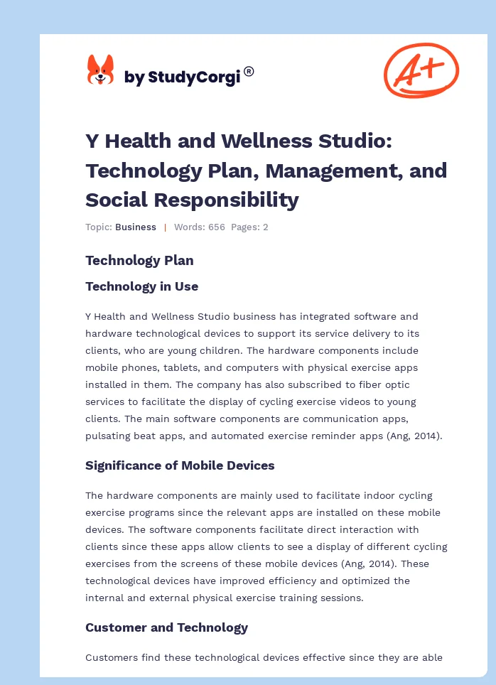 Y Health and Wellness Studio: Technology Plan, Management, and Social Responsibility. Page 1