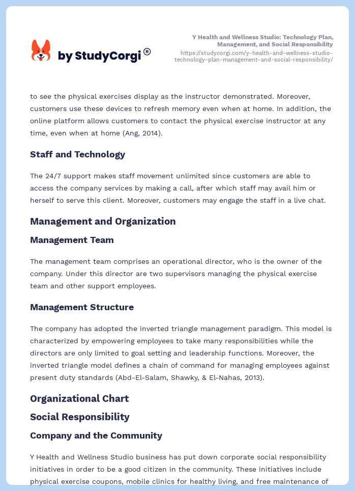 Y Health and Wellness Studio: Technology Plan, Management, and Social Responsibility. Page 2