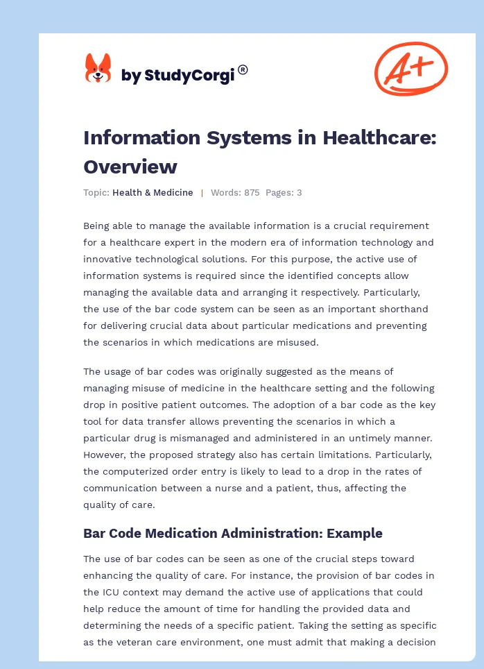 Information Systems in Healthcare: Overview. Page 1