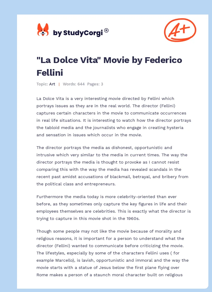 "La Dolce Vita" Movie by Federico Fellini. Page 1