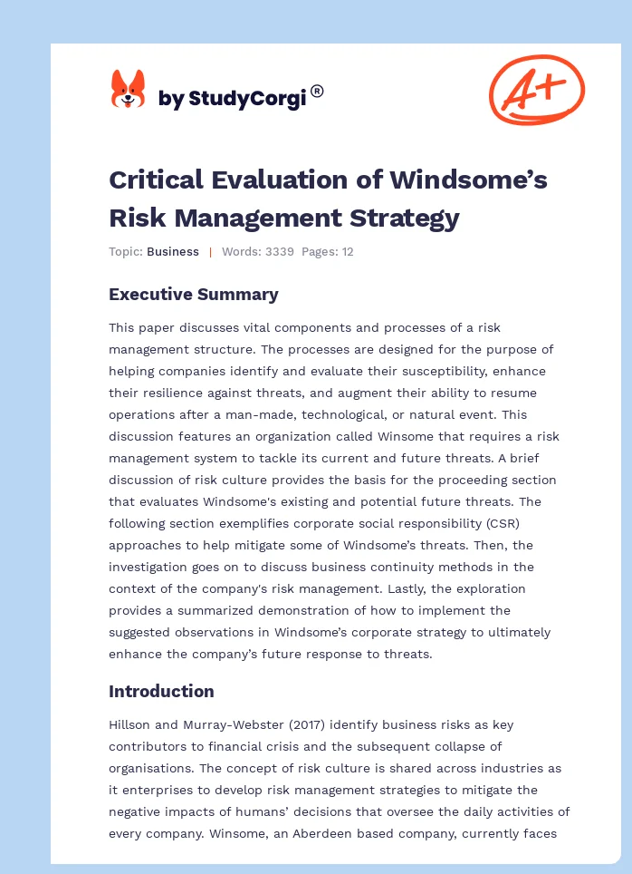 Critical Evaluation of Windsome’s Risk Management Strategy. Page 1