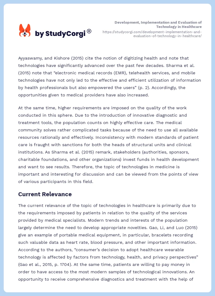 Development, Implementation and Evaluation of Technology in Healthcare. Page 2