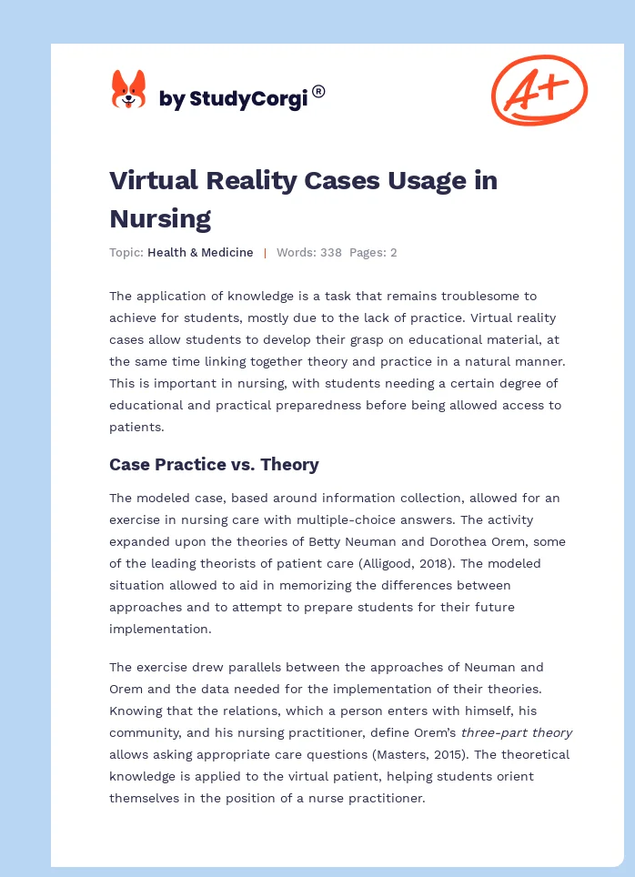 Virtual Reality Cases Usage in Nursing. Page 1