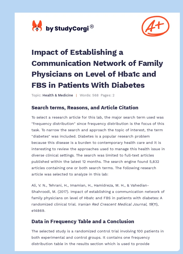 Impact of Establishing a Communication Network of Family Physicians on Level of Hba1c and FBS in Patients With Diabetes. Page 1