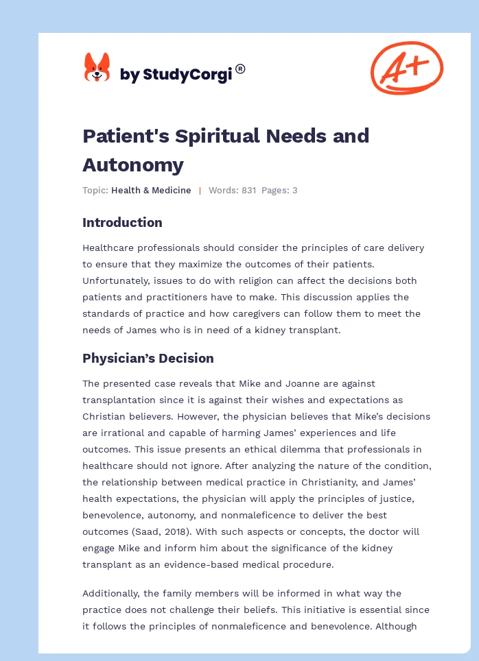 Patient's Spiritual Needs and Autonomy. Page 1
