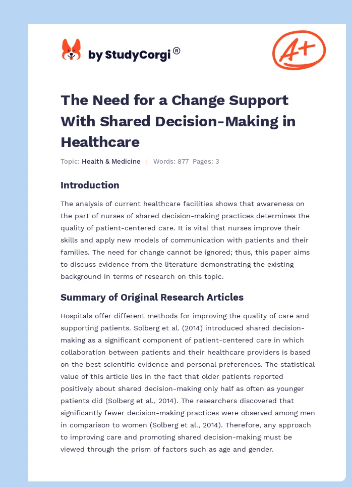The Need for a Change Support With Shared Decision-Making in Healthcare. Page 1