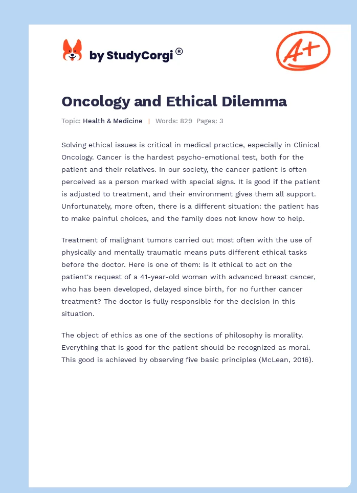 Oncology and Ethical Dilemma. Page 1