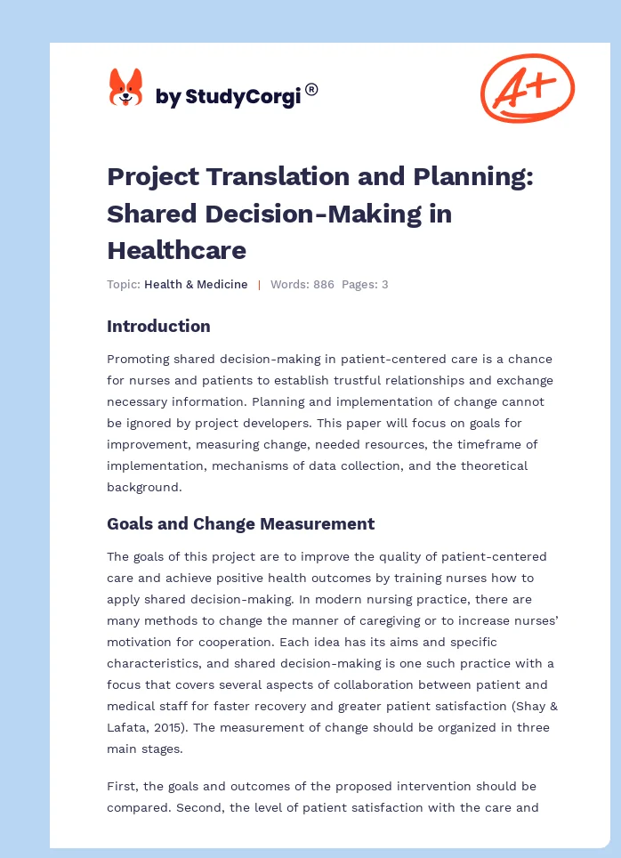 Project Translation and Planning: Shared Decision-Making in Healthcare. Page 1