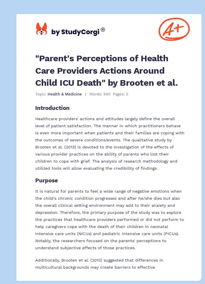 "Parent's Perceptions of Health Care Providers Actions Around Child ICU Death" by Brooten et al.. Page 1