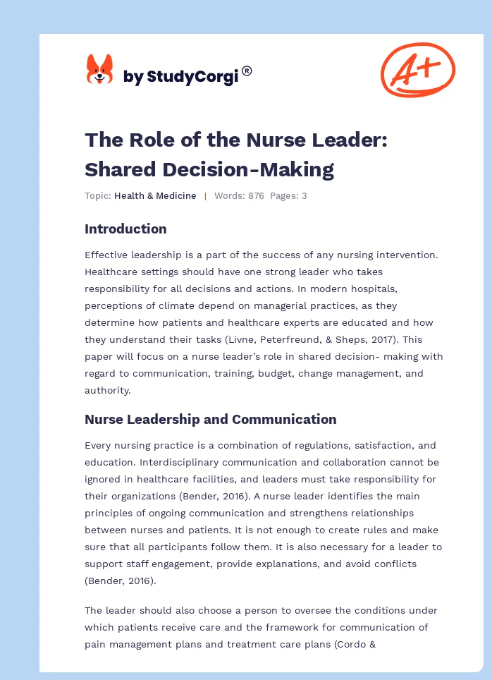The Role of the Nurse Leader: Shared Decision-Making. Page 1