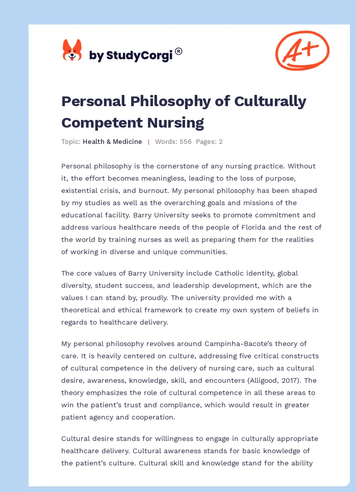 Personal Philosophy of Culturally Competent Nursing. Page 1