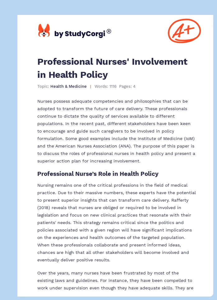 Professional Nurses' Involvement in Health Policy. Page 1